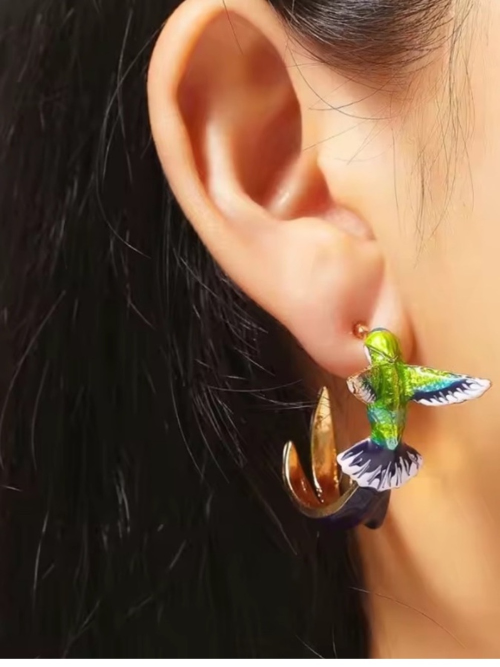 Green and Blue Hummingbird Hoop Earrings